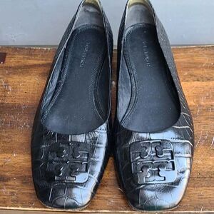 Tory Burch Georgia Black Leather Ballet Soft Croco Embossed Flats size 8 1/2
